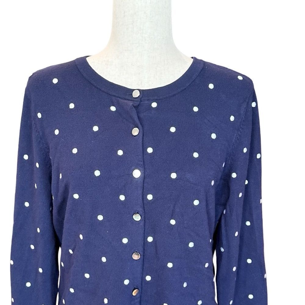 Charter Club Long Sleeve Button Up Polka Dot Cardigan Navy Blue/White Size Large - Picture 7 of 11